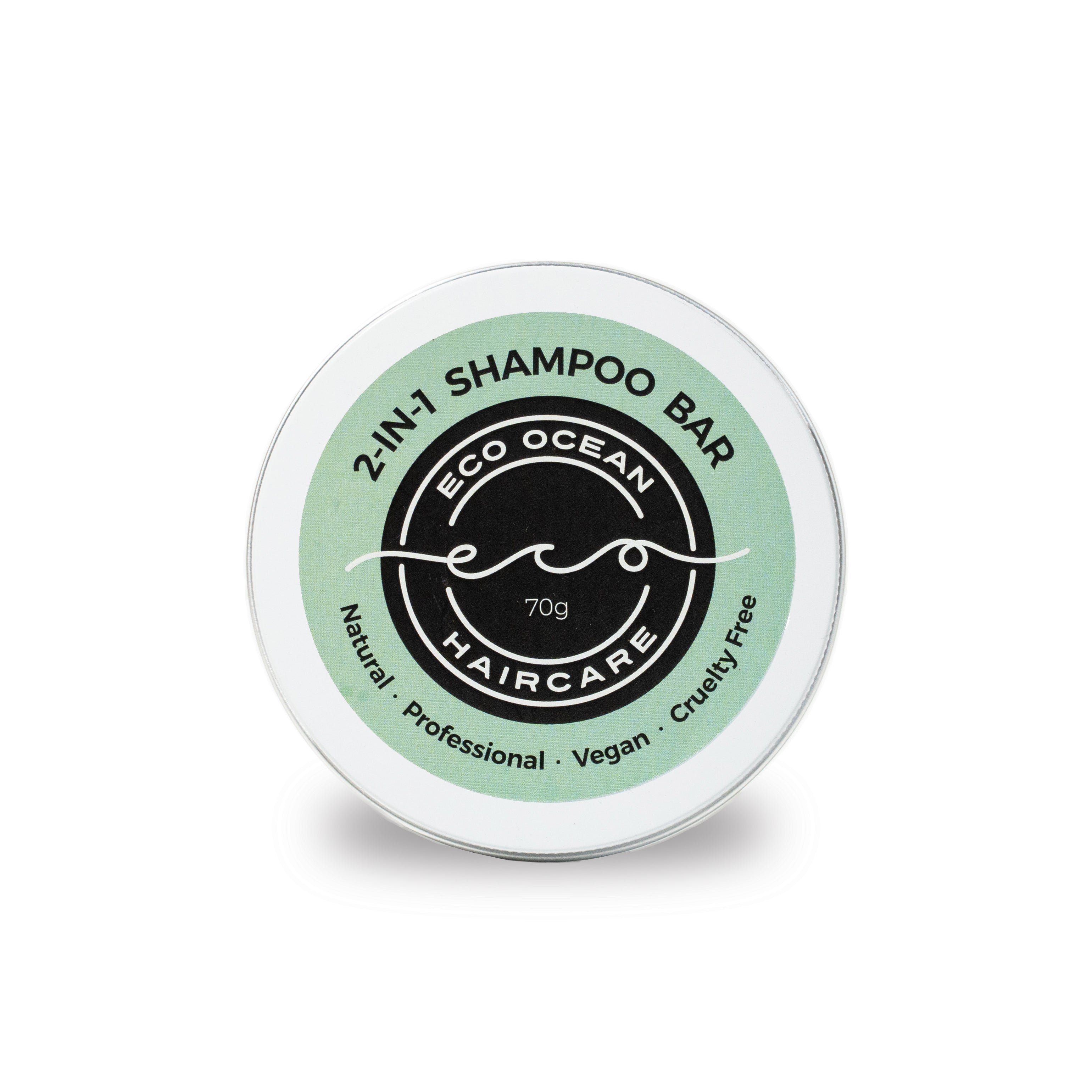 Eco Ocean Haircare 2 in 1 Shampoo Bar. Plastic-free in an aluminium tub.