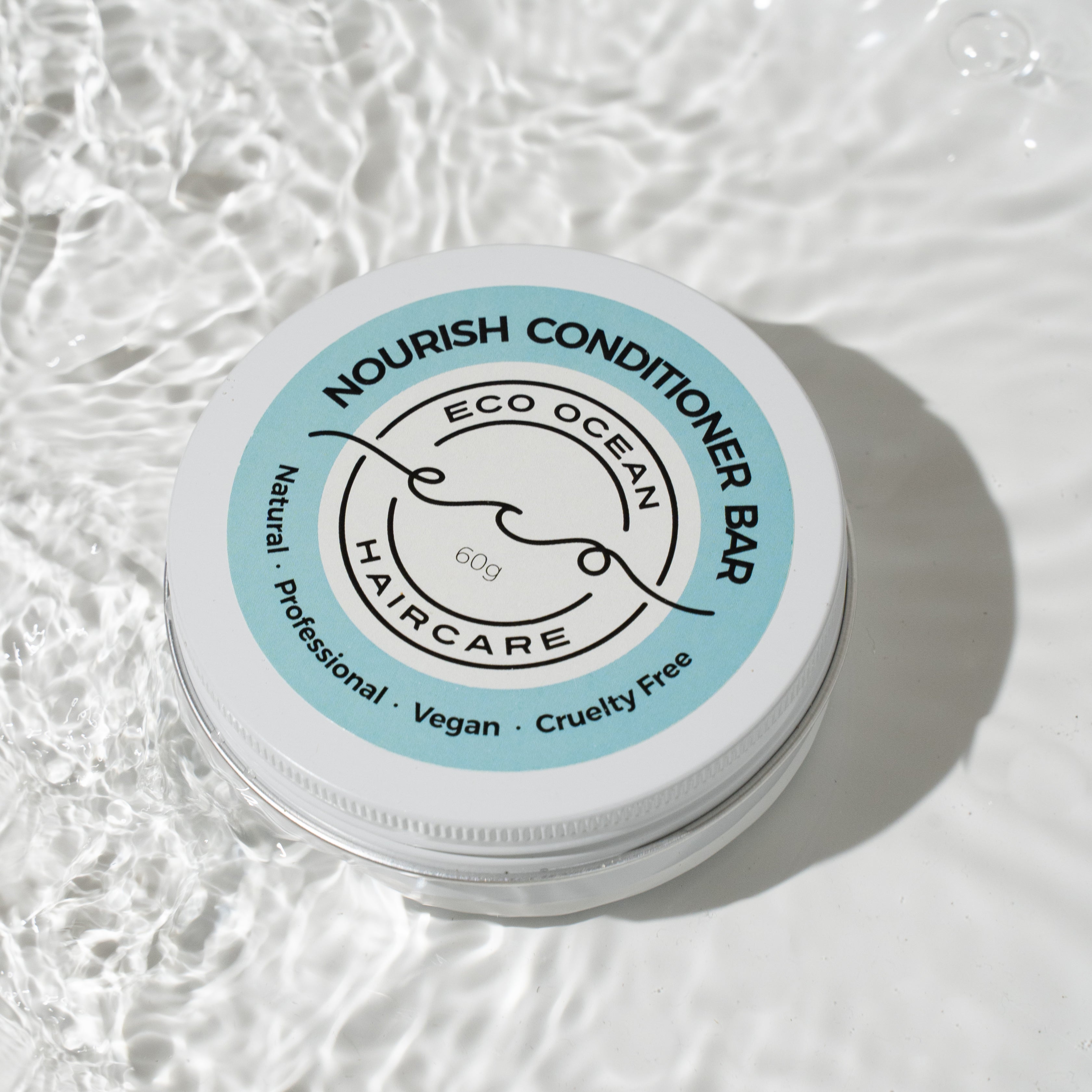 Eco Ocean Haircare Nourish conditioner bar in aluminium tin.