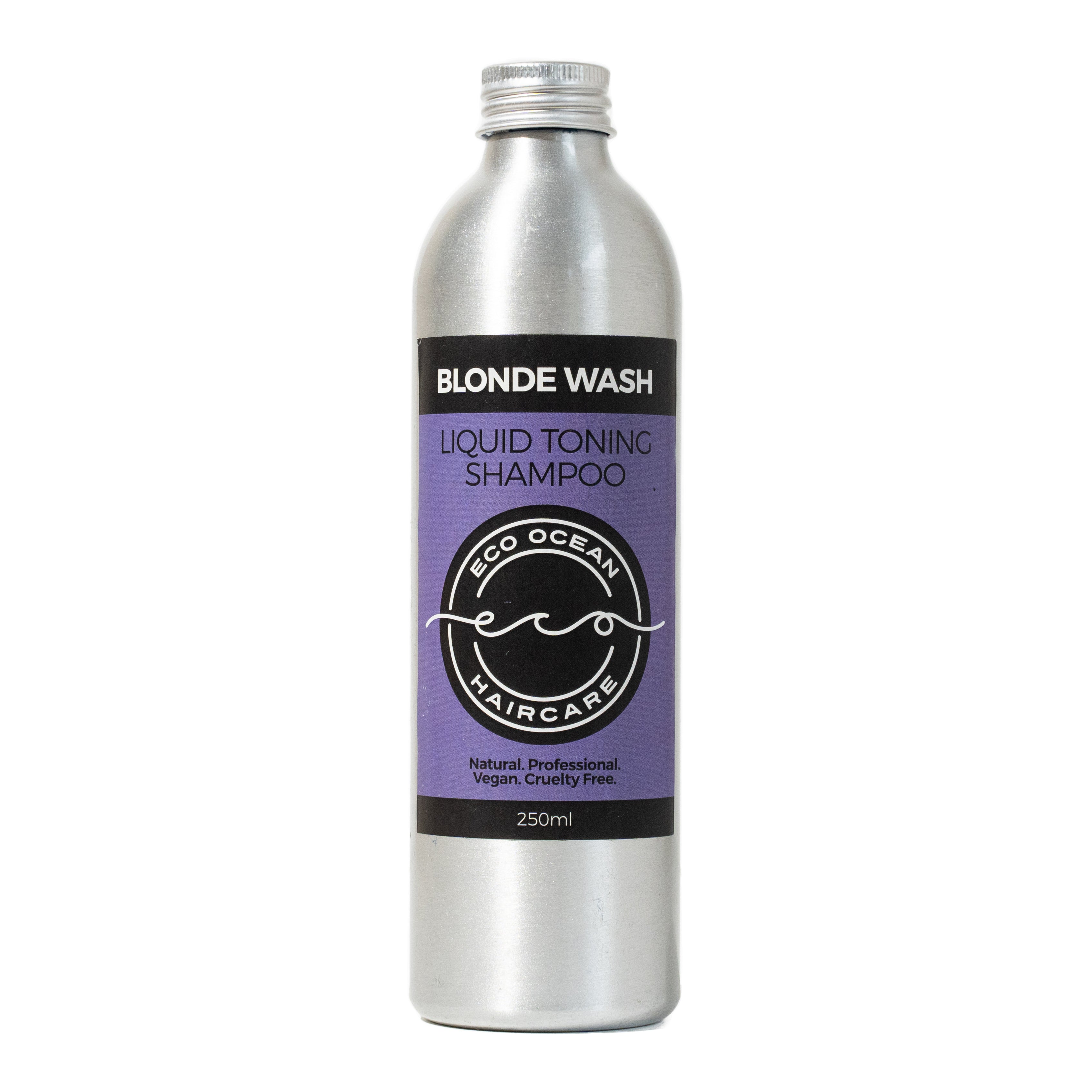 Blonde wash liquid toning shampoo in aluminium bottle by Eco Ocean Haircare