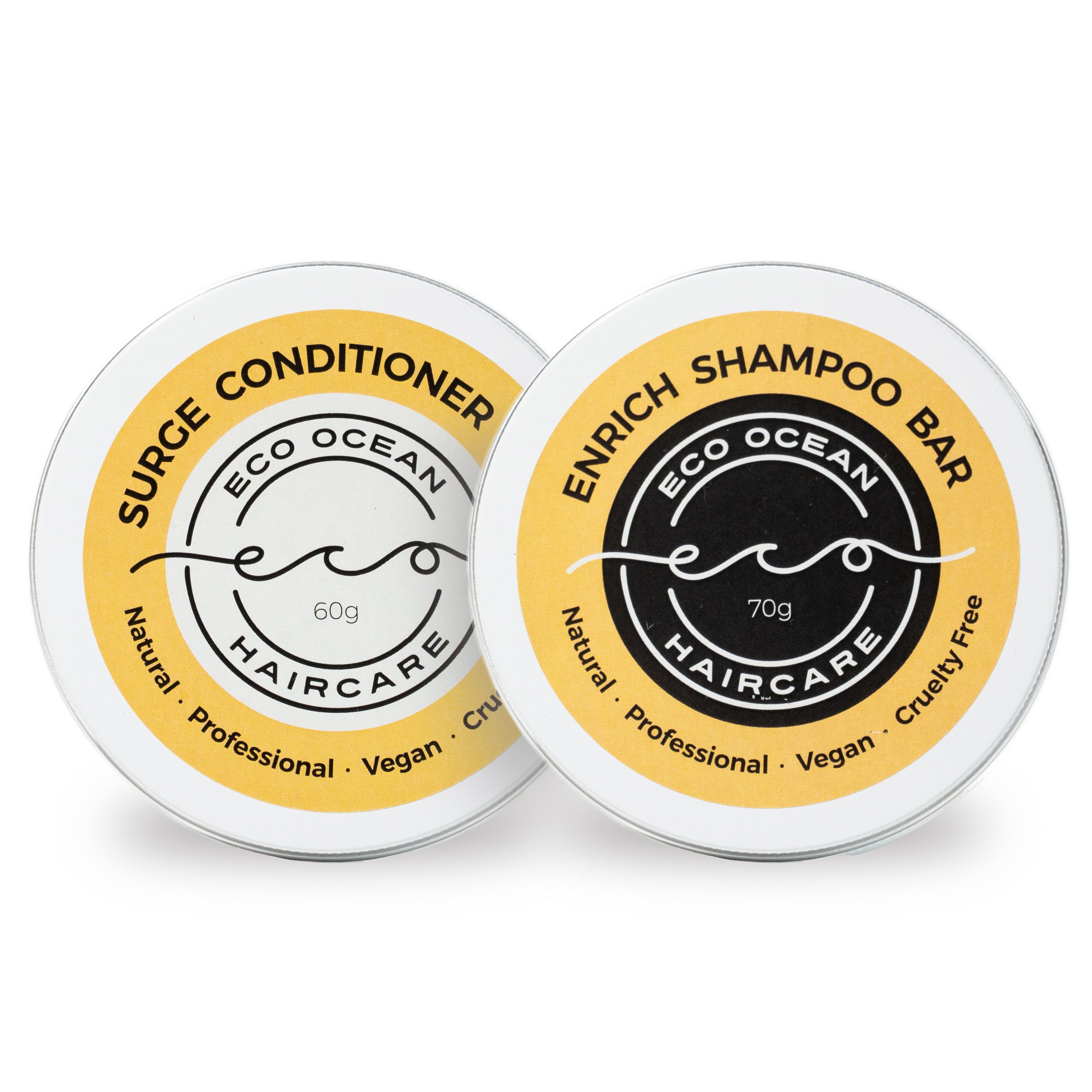 Aluminium tins of surge conditioner and enrich shampoo bar by Eco Ocean Haircare.