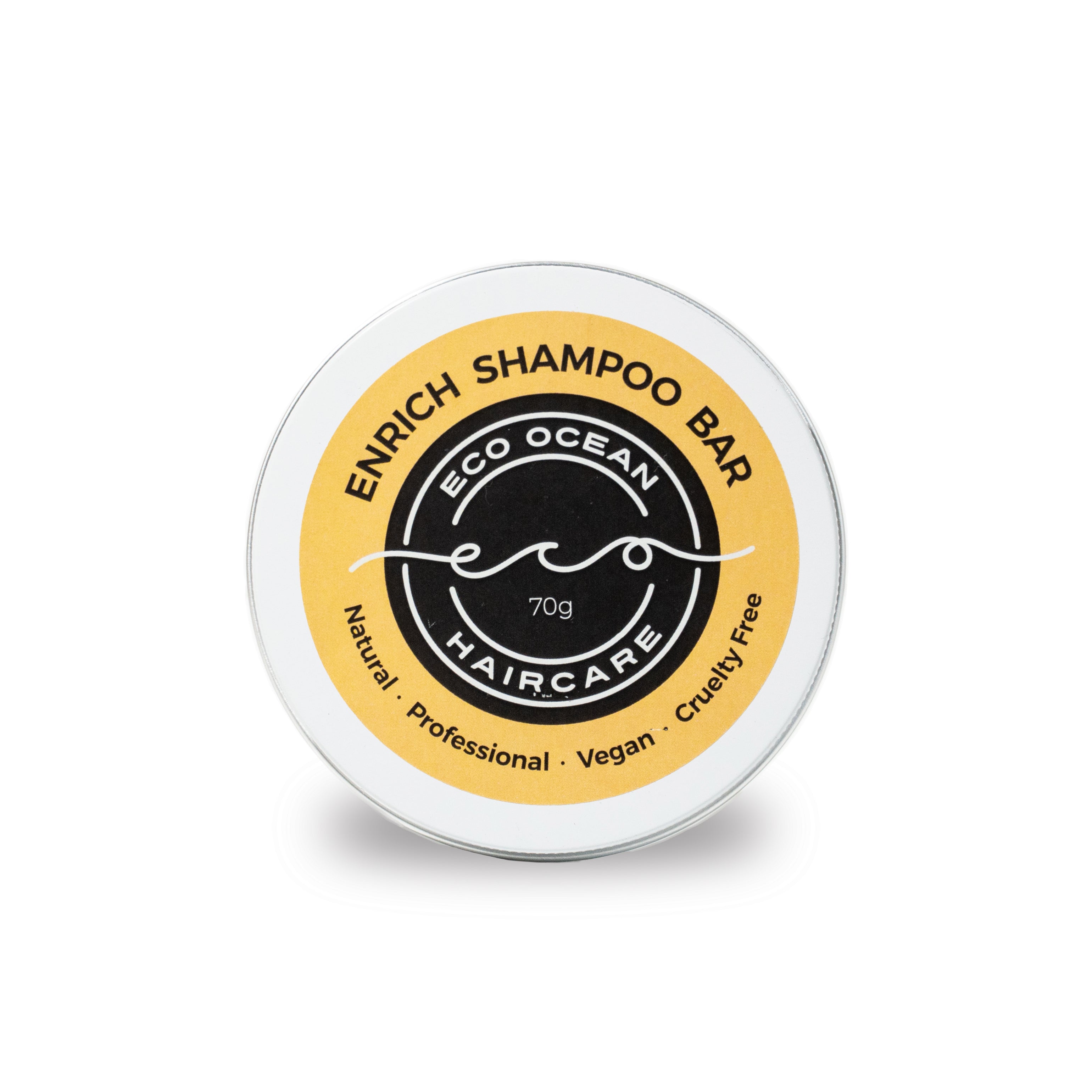 Enrich Shampoo bar in Aluminium Tub by Eco Ocean Haircare.