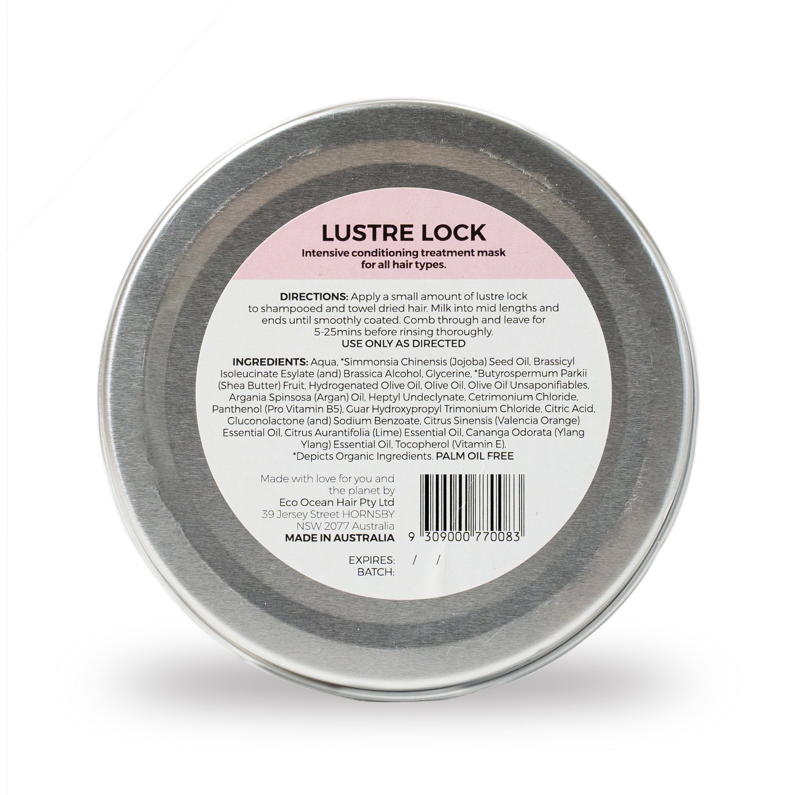 Back of jar of Lustre lock hair mask.