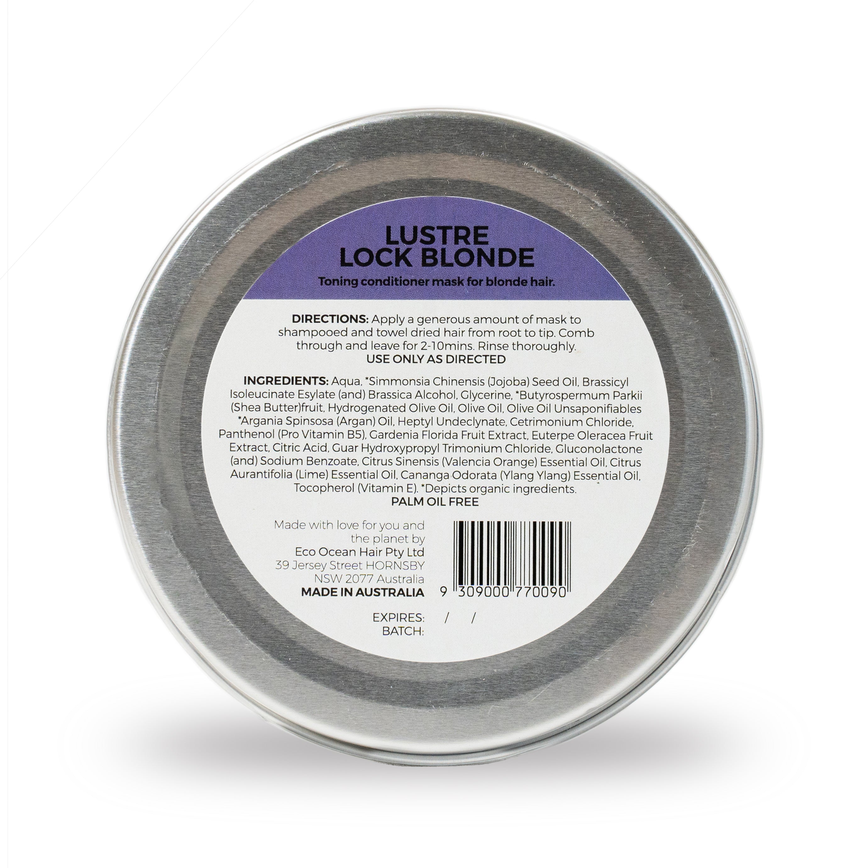 Back of tin of lustre lock blonde by Eco Ocean Haircare