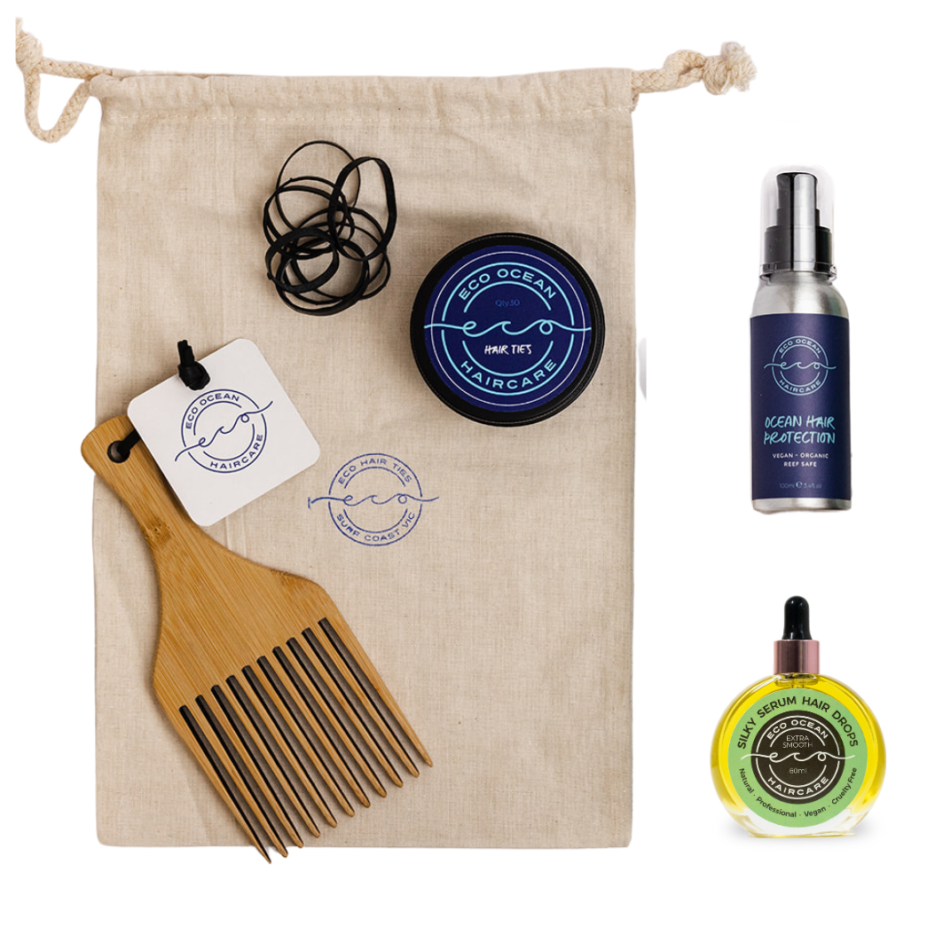 Eco Ocean HairCare Gift pack with bamboo comb, rubber hair ties, ocean hair protection and silky serum drops.