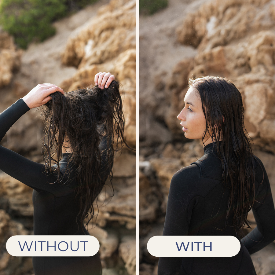 Woman with messy hair and then with straight hair after using Ocean Hair Protection.