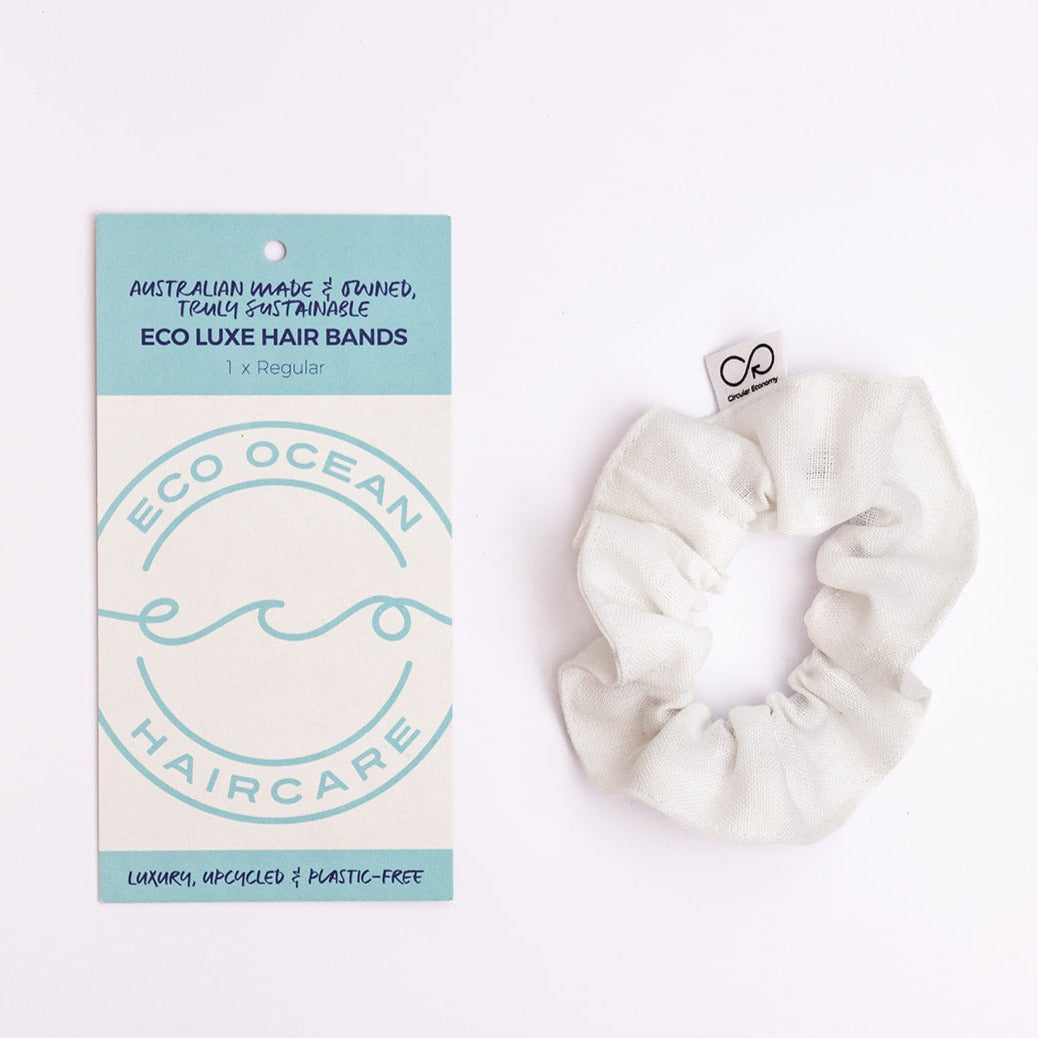 White cotton upcycled scrunchie by Eco Ocean Haircare