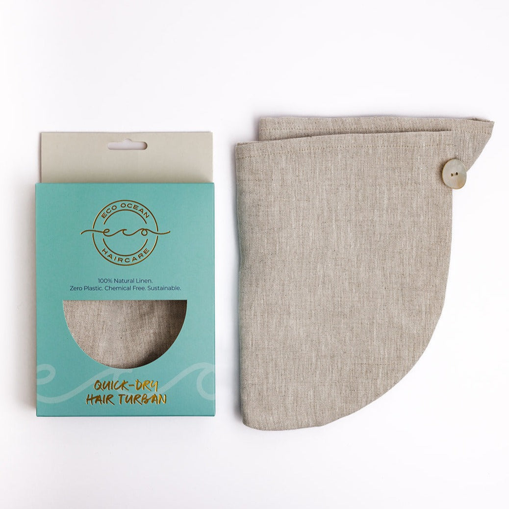 Eco Luxe linen towel hair wrap by Eco Ocean Haircare.