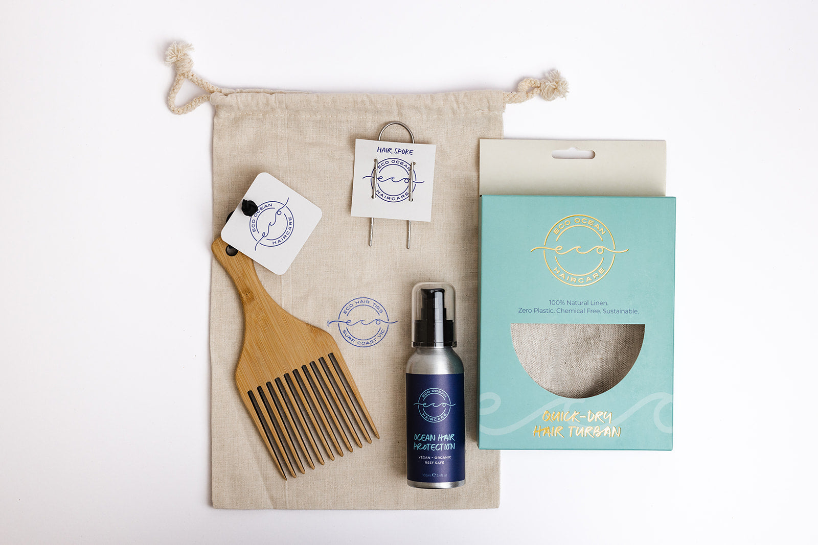 Eco Ocean Haircare bundle of Bamboo comb, Ocean hair protection, Hair pin and quick dry hair towel.